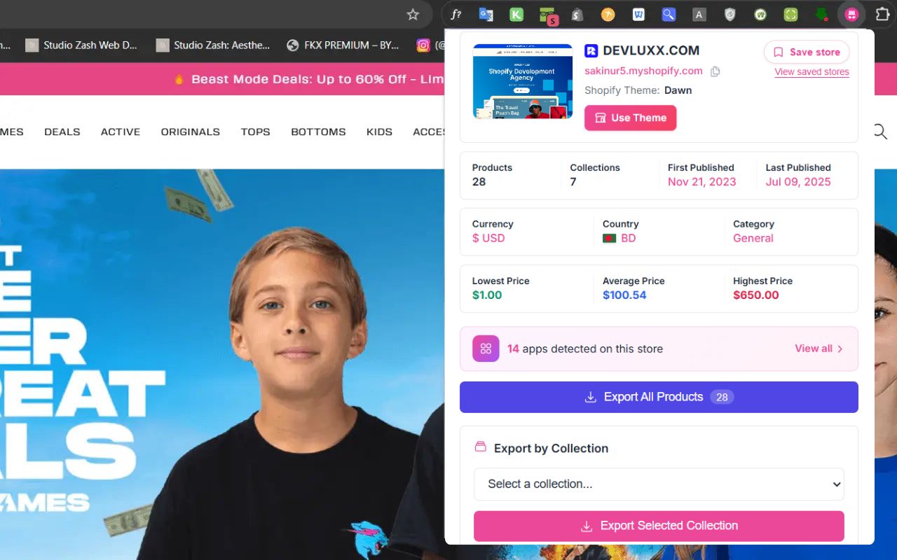 ShopScraper extracting product data from a Shopify store